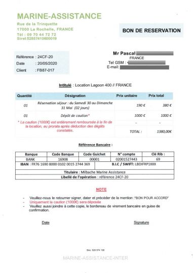 Le document envoyé par le truand pour demander de virer une caution sur son compte bacaire