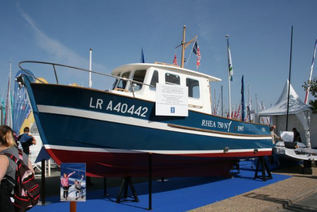The Rhea 750 N1, Rhea Marine's first boat, exhibited at the Grand Pavois in La Rochelle