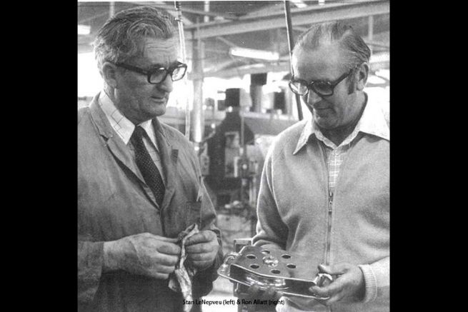 Stan Le Nepveu (left) and Ron Allatt (right) discuss around a stainless steel pulley