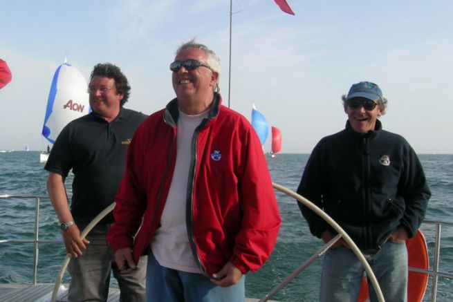 Laurent Tilleau in the centre (in red), surrounded by Philippe Poupon, Grard Dupuy and Jean-Yves Furic aboard the Grand Soleil Race 45