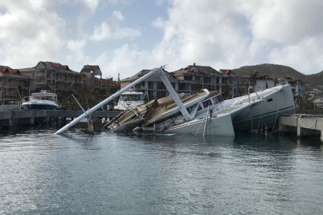 Catamaran sunk in the port of Saint-Martin after the passage of hurricane Irma